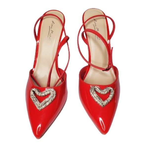 Anne Michelle Red Pointed Toe Ankle Strap Stiletto Heel with Rhinestone Heart . - Picture 2 of 5